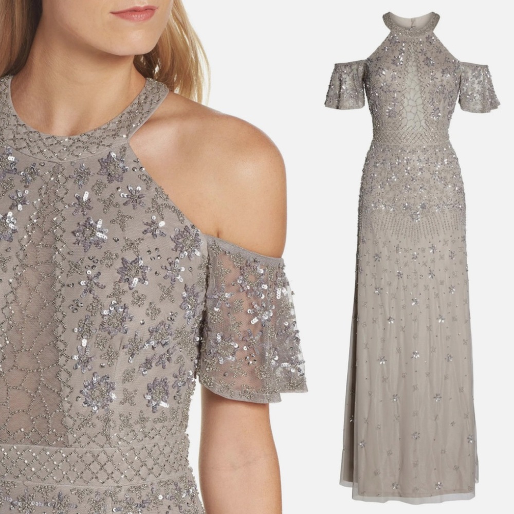 Adrianna Papell 
Platinum cold shoulder beaded dress 
STUNNING